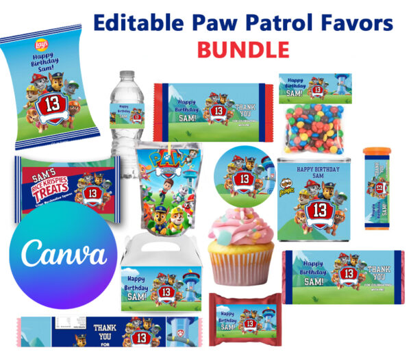 editable paw patrol favor bundle